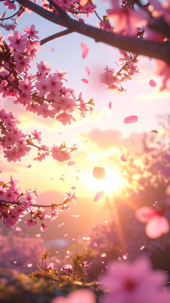 Ultra Realistic Photo of Cherry Blossom Trees in Full Bloom During Golden Sunrise Soft Pink Petals Falling in The Air
