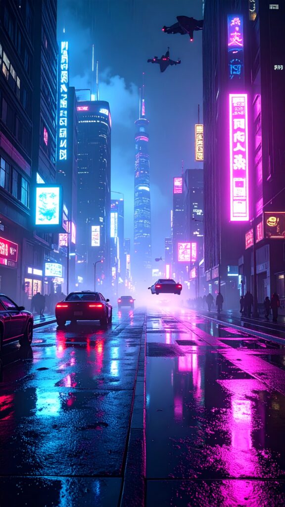 Futuristic Cyberpunk City at Night Neon Lights Reflecting on Wet Streets hologram billboards