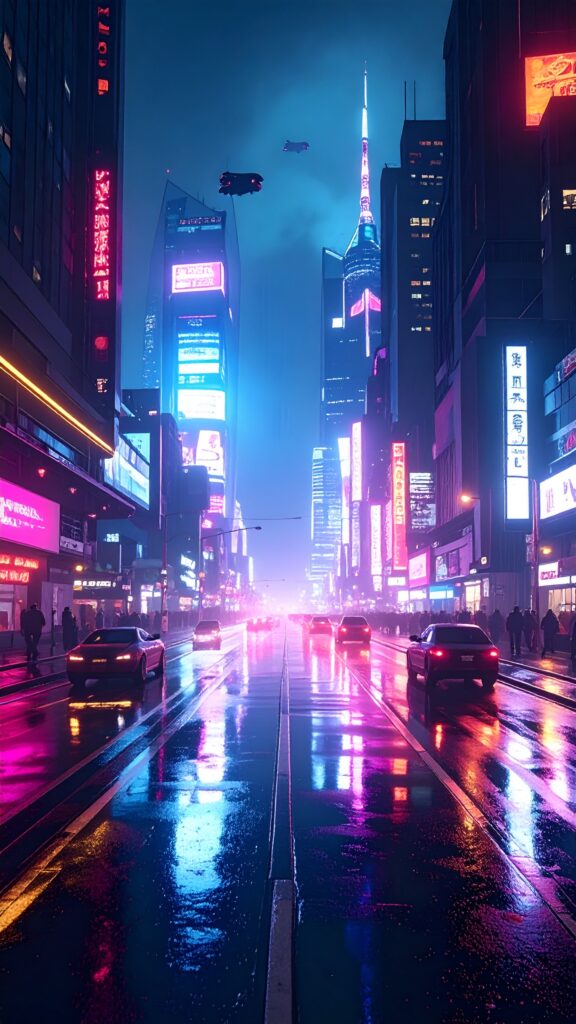 Futuristic Cyberpunk City at Night Neon Lights Reflecting on Wet Streets