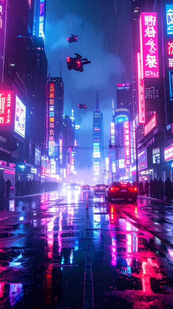 Futuristic Cyberpunk City at Night Neon Lights Reflecting on Wet Streets hologram billboards Flying Cars in The Sky Ultra Detailed 2545 576x1024
