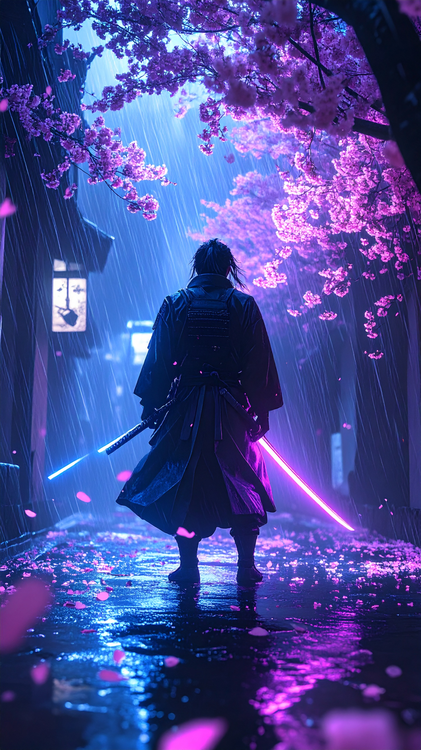 Lone Anime Samurai Standing in The Rain Glowing Katana Cherry Blossom Petals Flying Dramatic Lighting