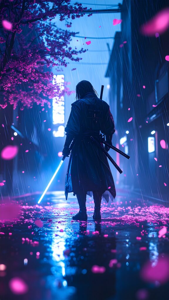 Lone Anime Samurai Standing in The Rain Glowing Katana Cherry Blossom Petals Flying