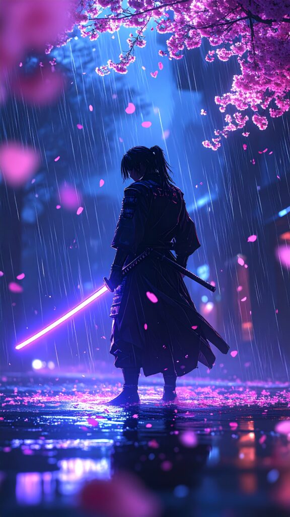 Lone Anime Samurai Standing in The Rain Glowing Katana