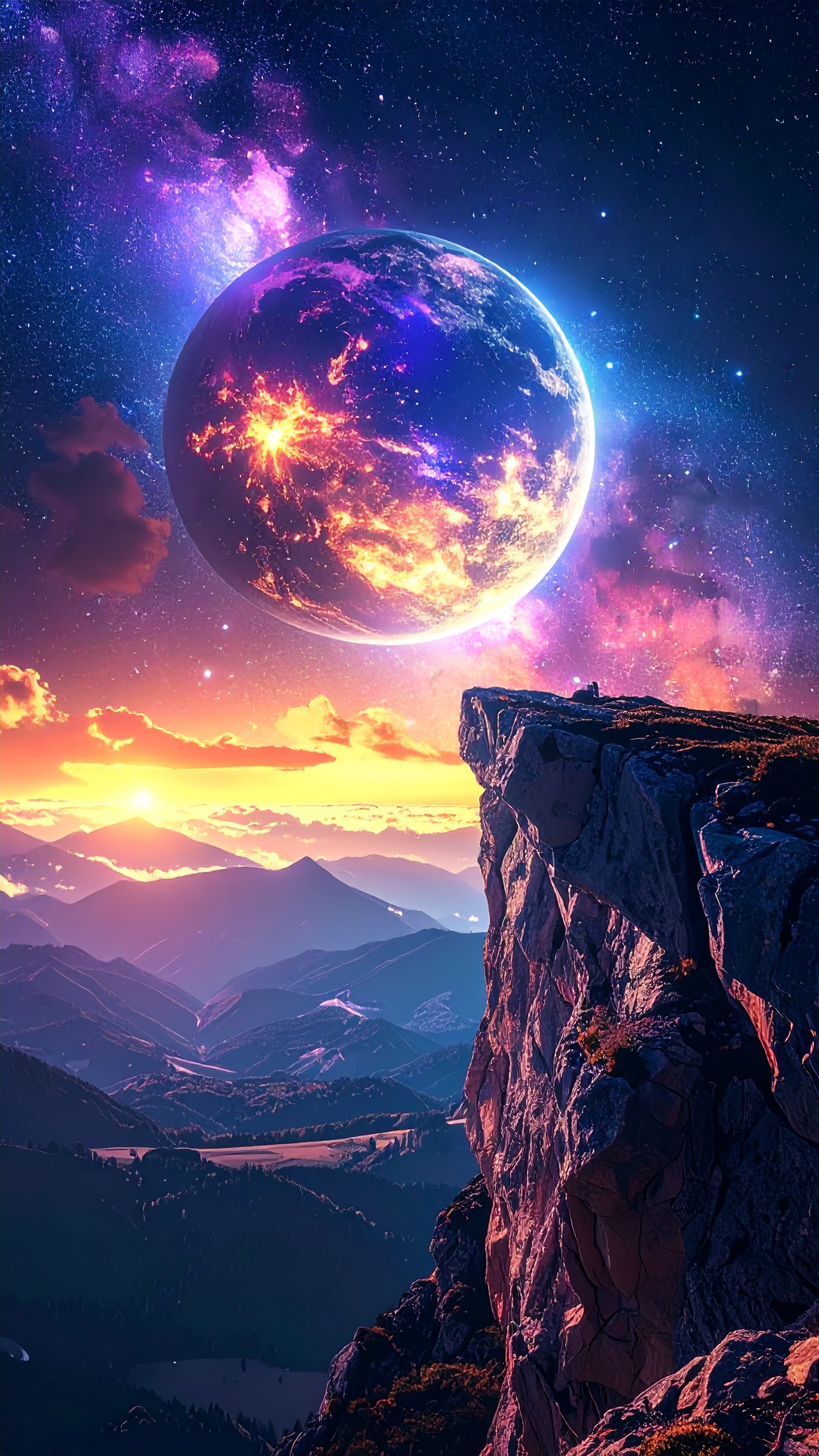 Massive Glowing Planet in The Sky Above a Lone Mountain Cliff Starry Galaxy Background Cosmic Nebula Colors Surreal Fantasy Art