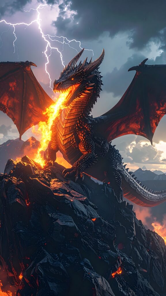 Epic Fantasy Dragon Breathing Fire on Top of a Mountain Dramatic Sky Lightning in Background Ultra Detailed Scales