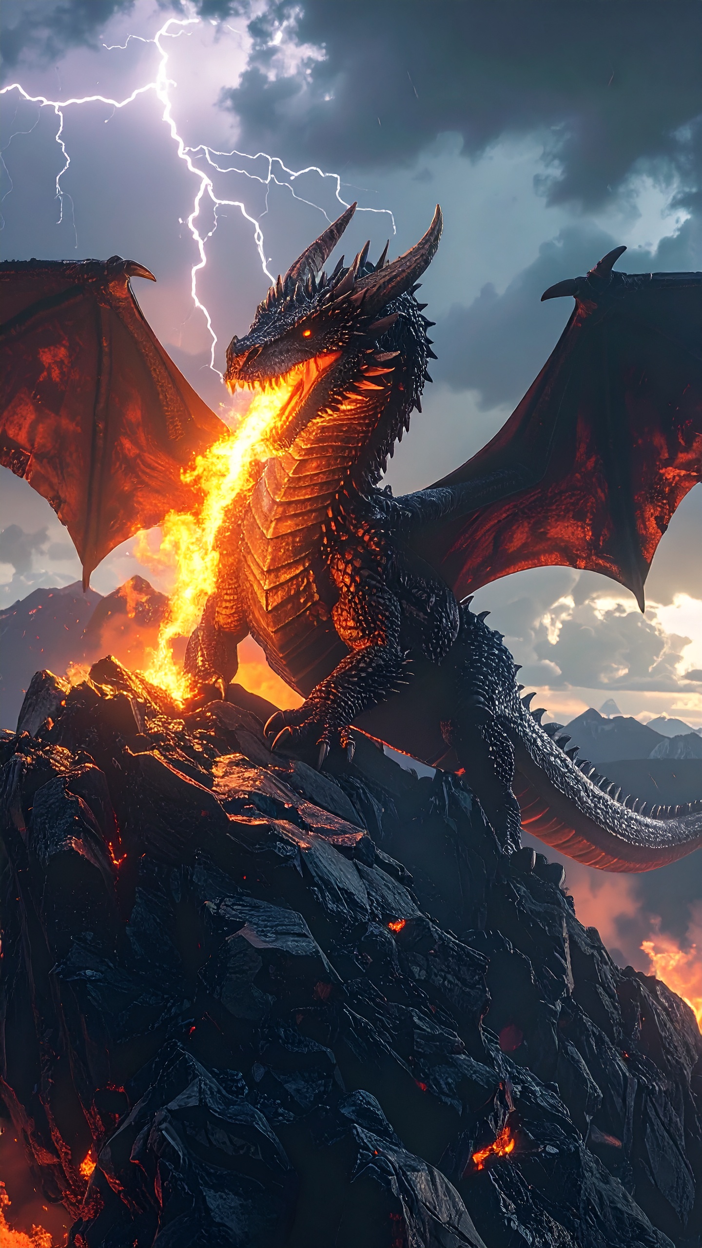 Epic Fantasy Dragon Breathing Fire on Top of a Mountain Dramatic Sky Lightning in Background Ultra Detailed Scales