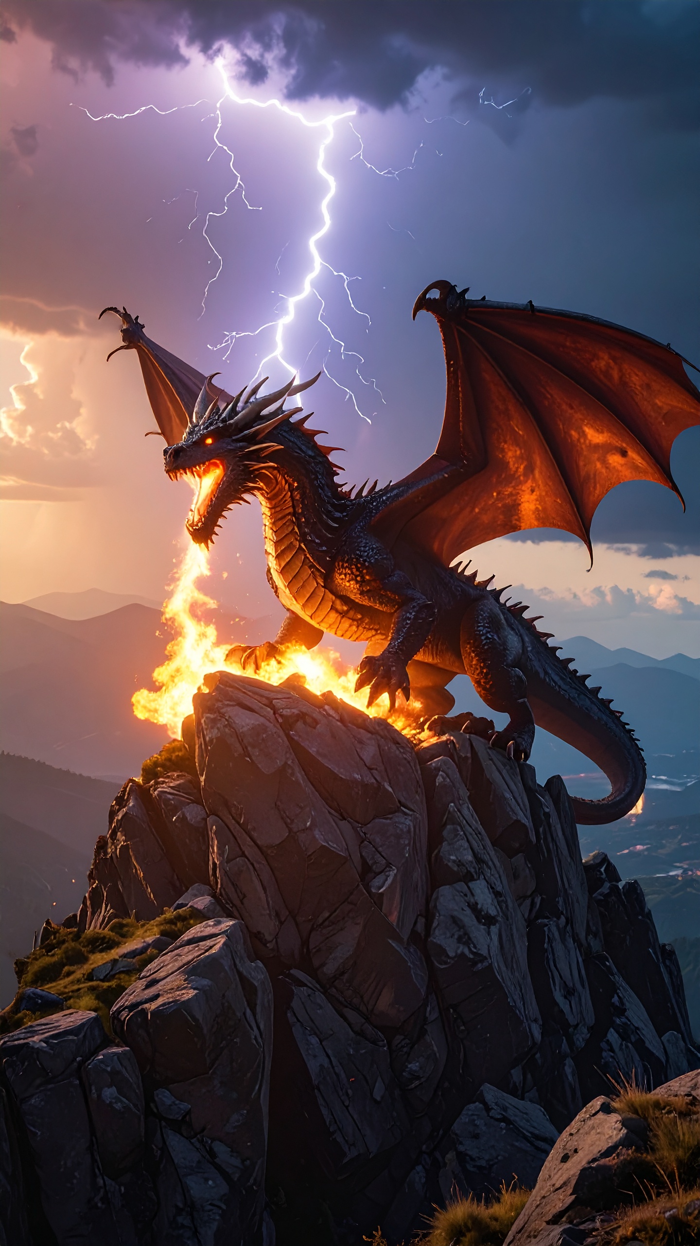 Epic Fantasy Dragon Breathing Fire on Top of a Mountain Dramatic Sky Lightning in Background