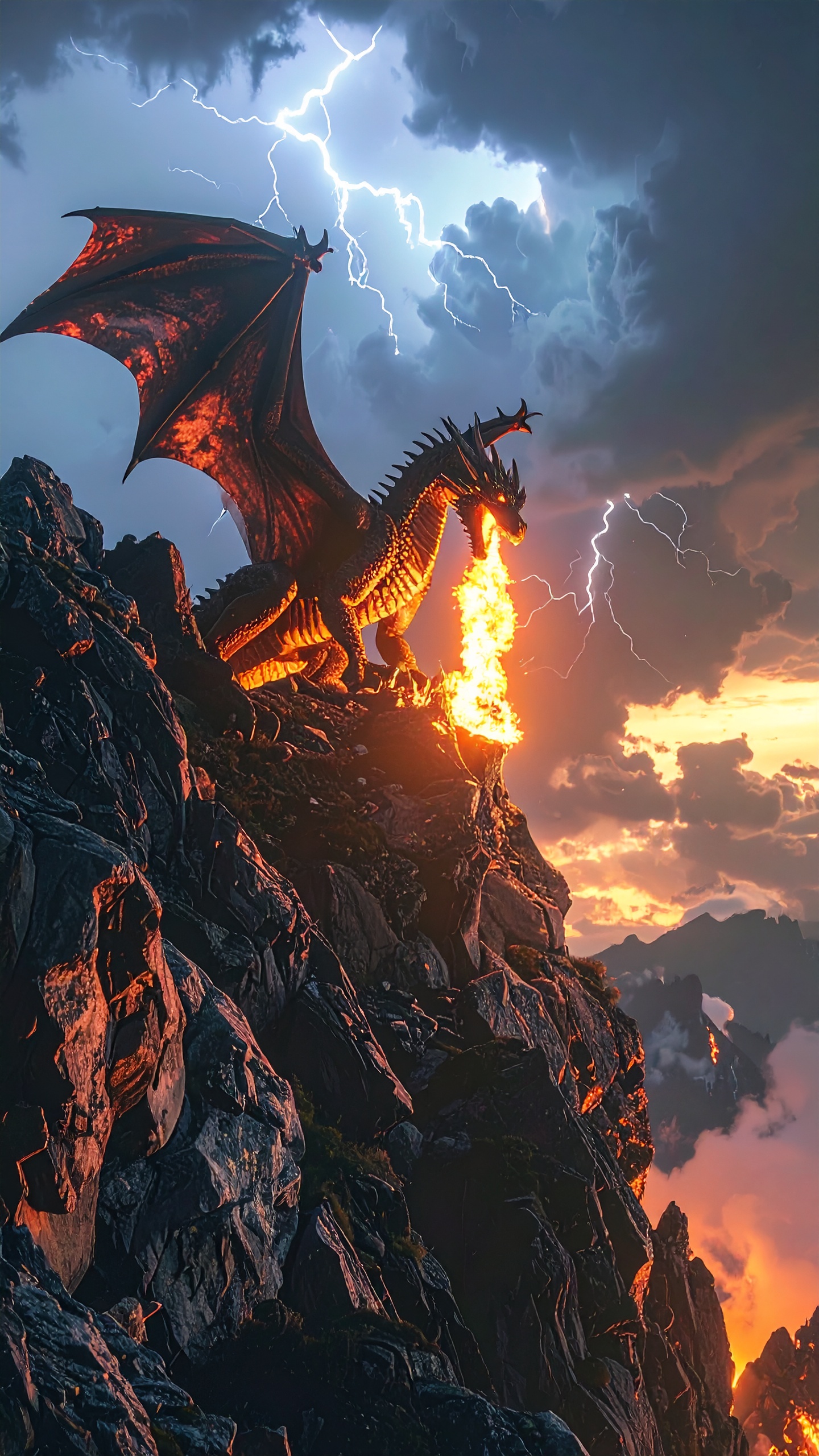 Epic Fantasy Dragon Breathing Fire on Top of a Mountain Dramatic Sky