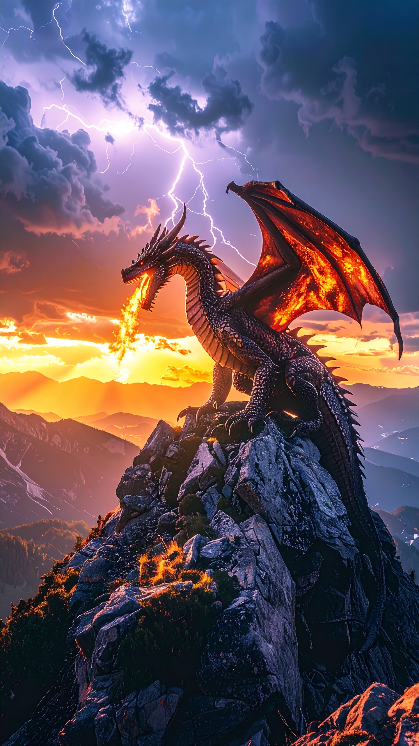 Epic Fantasy Dragon Breathing Fire on Top of a Mountain Dramatic Sky Lightning in Background Ultra Detailed Scales Cinematic Fantasy Art