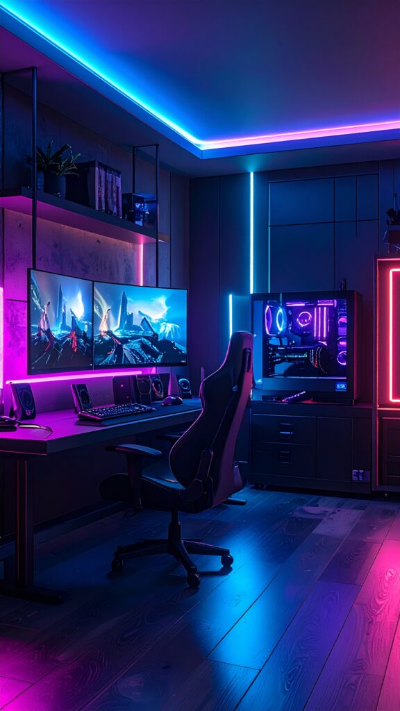 Ultimate Gaming Setup With RGB Lights Triple Monitor Display Futuristic Room 2560