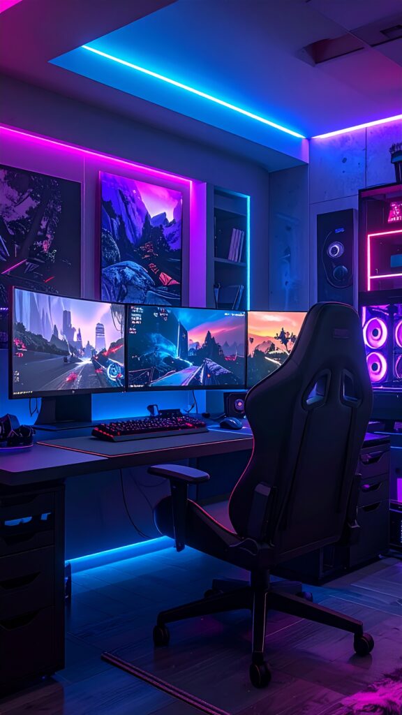 Ultimate Gaming Setup With RGB Lights Triple Monitor Display Ultimate Gaming Setup With RGB Lights Triple Monitor Display