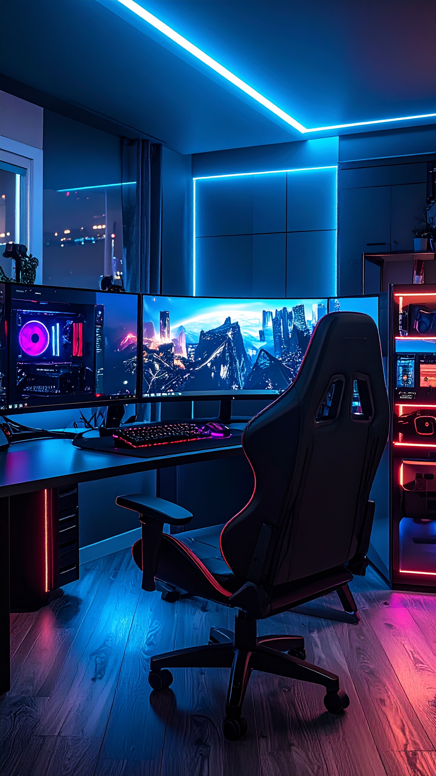Ultimate Gaming Setup With RGB Lights Triple Monitor Display Futuristic Room Dark Aesthetic Glowing Neon Accents