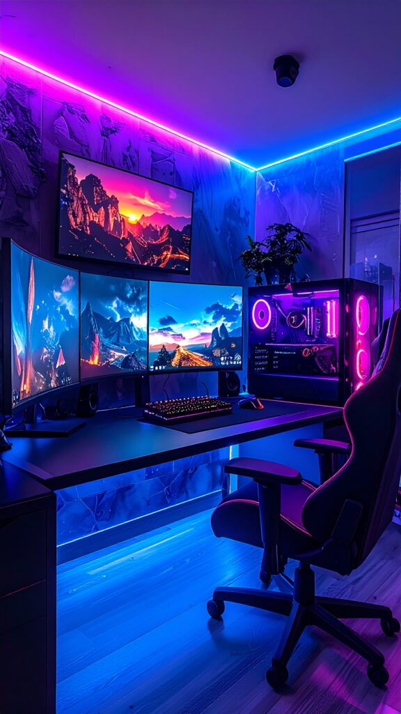 Ultimate Gaming Setup With RGB Lights Triple Monitor Display Futuristic Room Dark Aesthetic Ultimate Gaming Setup With RGB Lights Triple Monitor Display Futuristic Room Dark Aesthetic