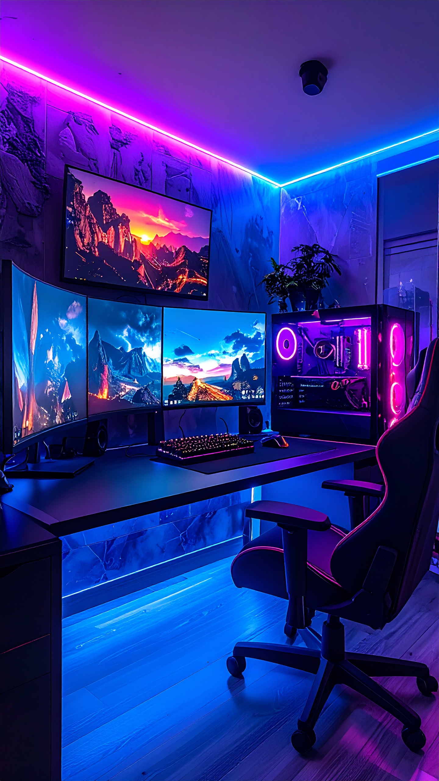 Ultimate Gaming Setup With RGB Lights Triple Monitor Display Futuristic Room Dark Aesthetic