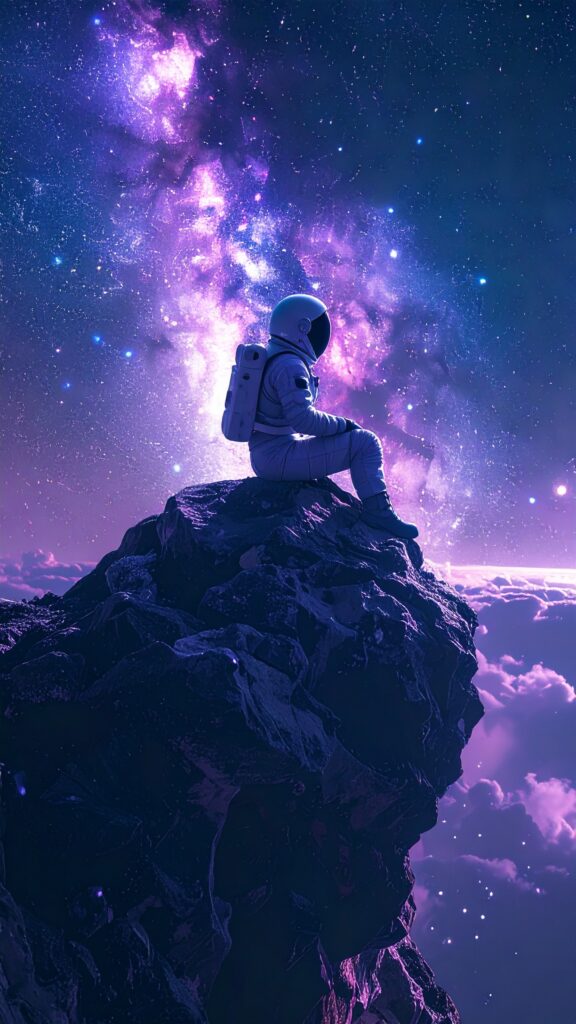 Astronaut Sitting on Edge of Floating Rock in Space Glowing Galaxy Behind