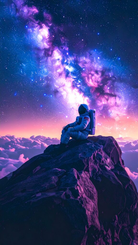 Astronaut Sitting on Edge of Floating Rock in Space Glowing Galaxy Behind Surreal Dreamscape