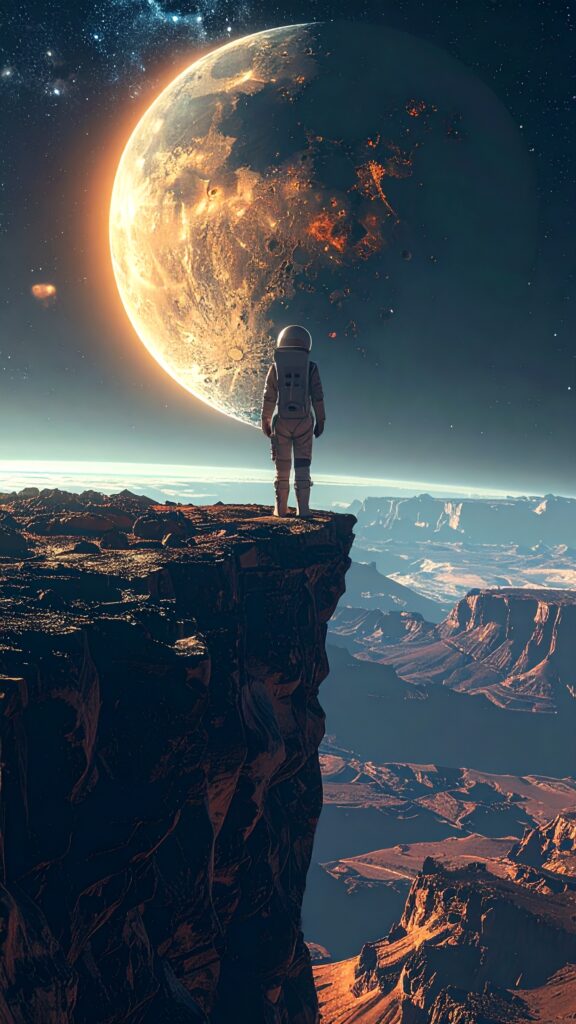 A lone Astronaut Standing on The Edge of a Cliff on an Alien Planet Massive Glowing Planet in The Sky Cinematic Lighting Ultra Detailed Realistic Textures Dramatic Atmosphere 2571 576x1024