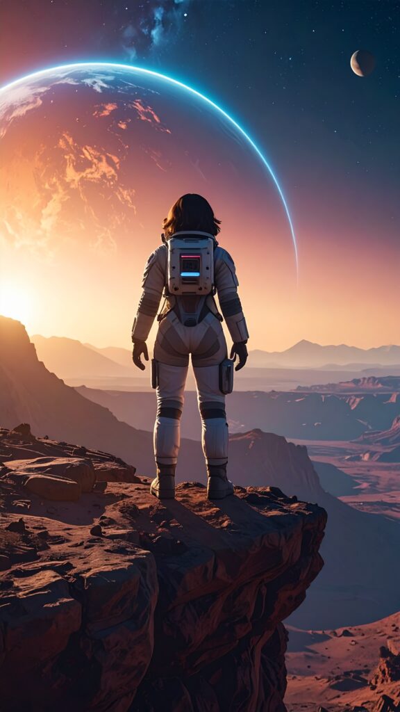 A lone Astronaut Standing on The Edge of a Cliff on an Alien Planet Massive Glowing Planet in The Sky Cinematic Lighting Ultra Detailed 2572 576x1024