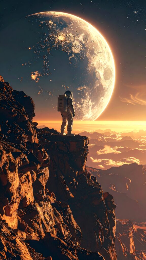 A lone Astronaut Standing on The Edge of a Cliff on an Alien Planet Massive Glowing Planet in The Sky 2573 576x1024