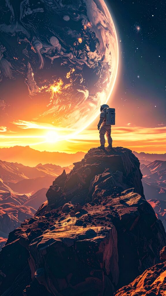A lone Astronaut Standing on The Edge of a Cliff on an Alien Planet Massive Glowing Planet in The Sky Cinematic Lighting Ultra Detailed Realistic Textures Dramatic Atmosphere 4K Vertical Wallpaper 2574 576x1024
