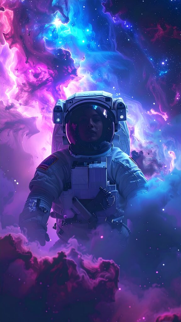 Astronaut Floating in Deep Space Surrounded by Colorful Nebula and Stars Glowing Cosmic Dust Purple and Blue Tones Ultra Realistic High Detail Cinematic Light 2576 576x1024