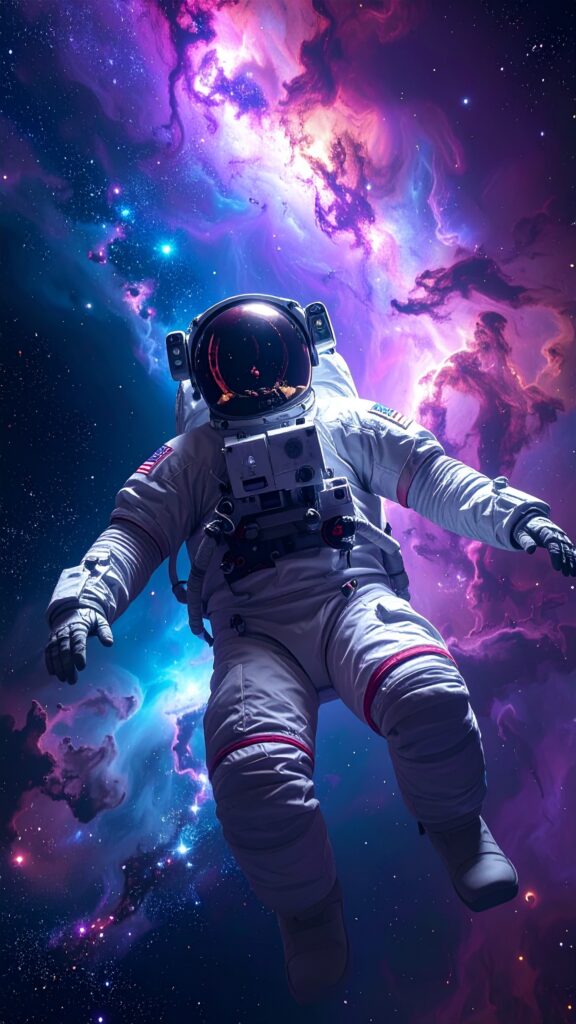 Astronaut Floating in Deep Space Surrounded by Colorful Nebula and Stars Glowing Cosmic Dust Purple and Blue Tones Ultra Realistic 2577 576x1024