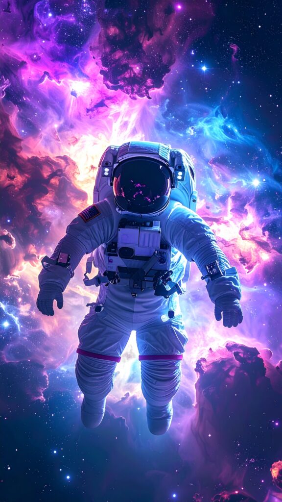 Astronaut Floating in Deep Space Surrounded by Colorful Nebula and Stars Glowing Cosmic Dust 2578 576x1024