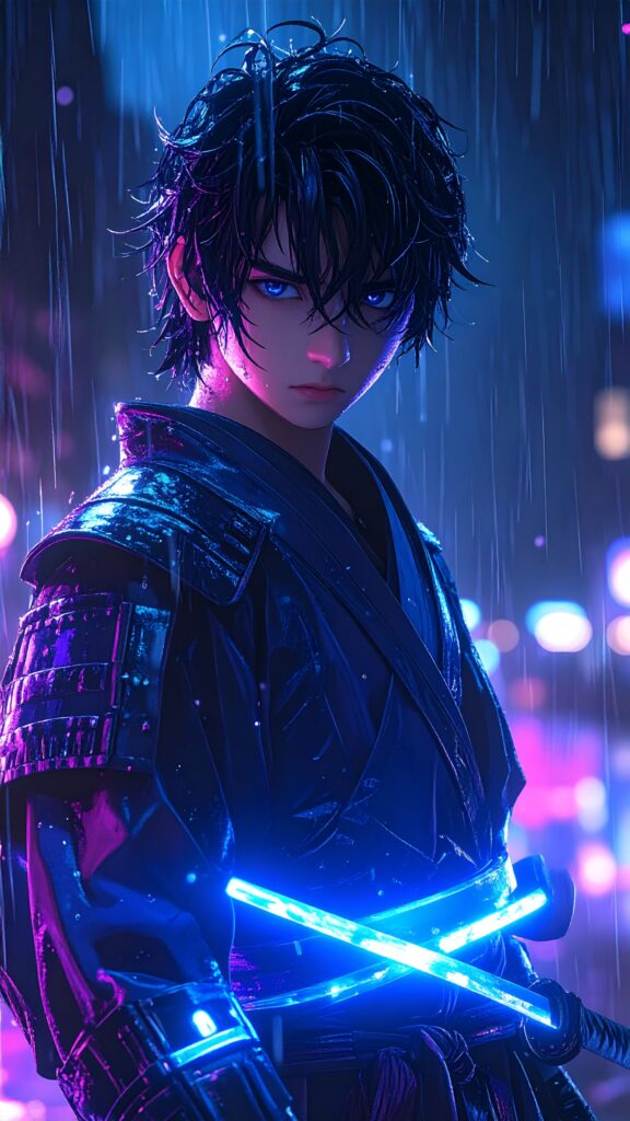 Handsome Anime Boy Samurai Standing Under The Rain at Night Glowing Katana Wet Hair Intense Eyes