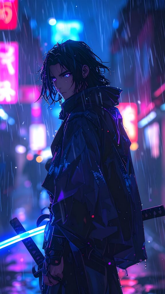 Handsome Anime Boy Samurai Standing Under The Rain at Night Glowing Katana