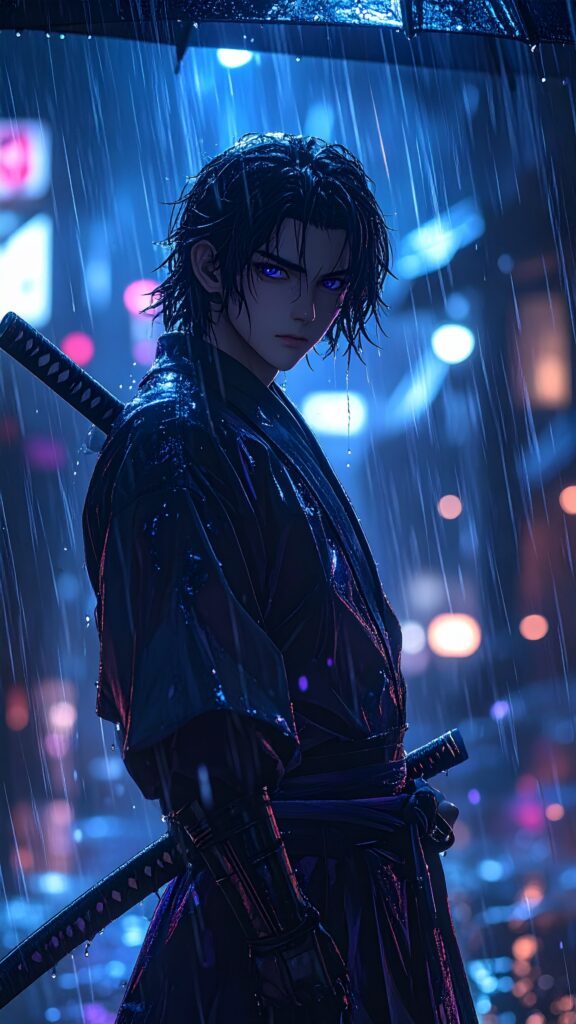 Handsome Anime Boy Samurai Standing Under The Rain at Night Glowing Katana Wet Hair Intense Eyes Dark Blue and Purple Tones