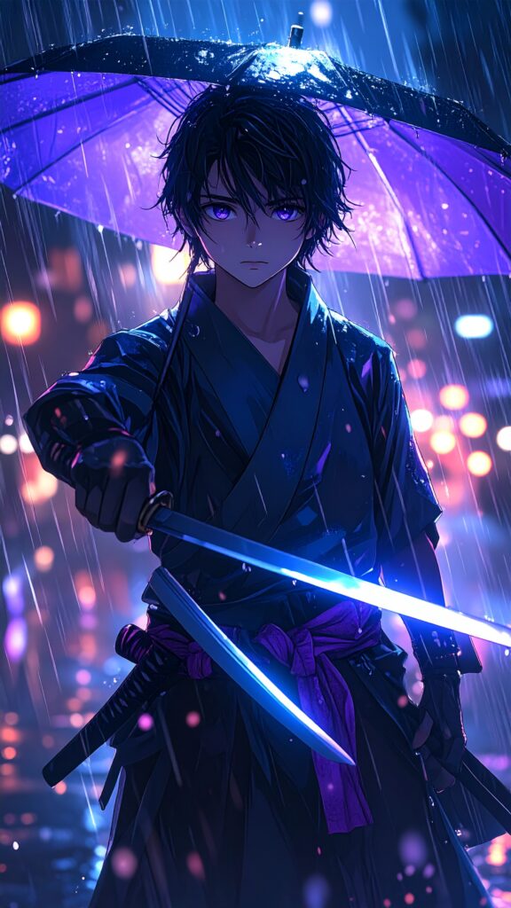 Handsome Anime Boy Samurai Standing Under The Rain at Night Glowing Katana Wet Hair Intense Eyes Dark Blue and Purple Tones Cinematic Lighting Ultra Detailed 2582 576x1024
