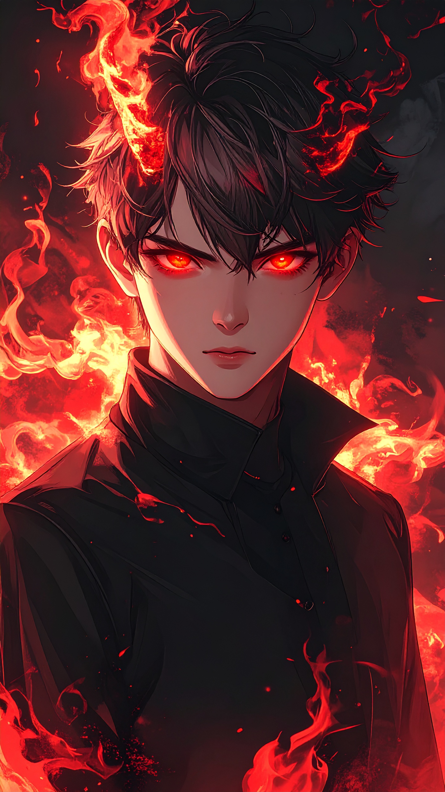 Anime Boy With Demon Aura Glowing Red Eyes Dark Smoke Energy Surrounding Him Black Outfit