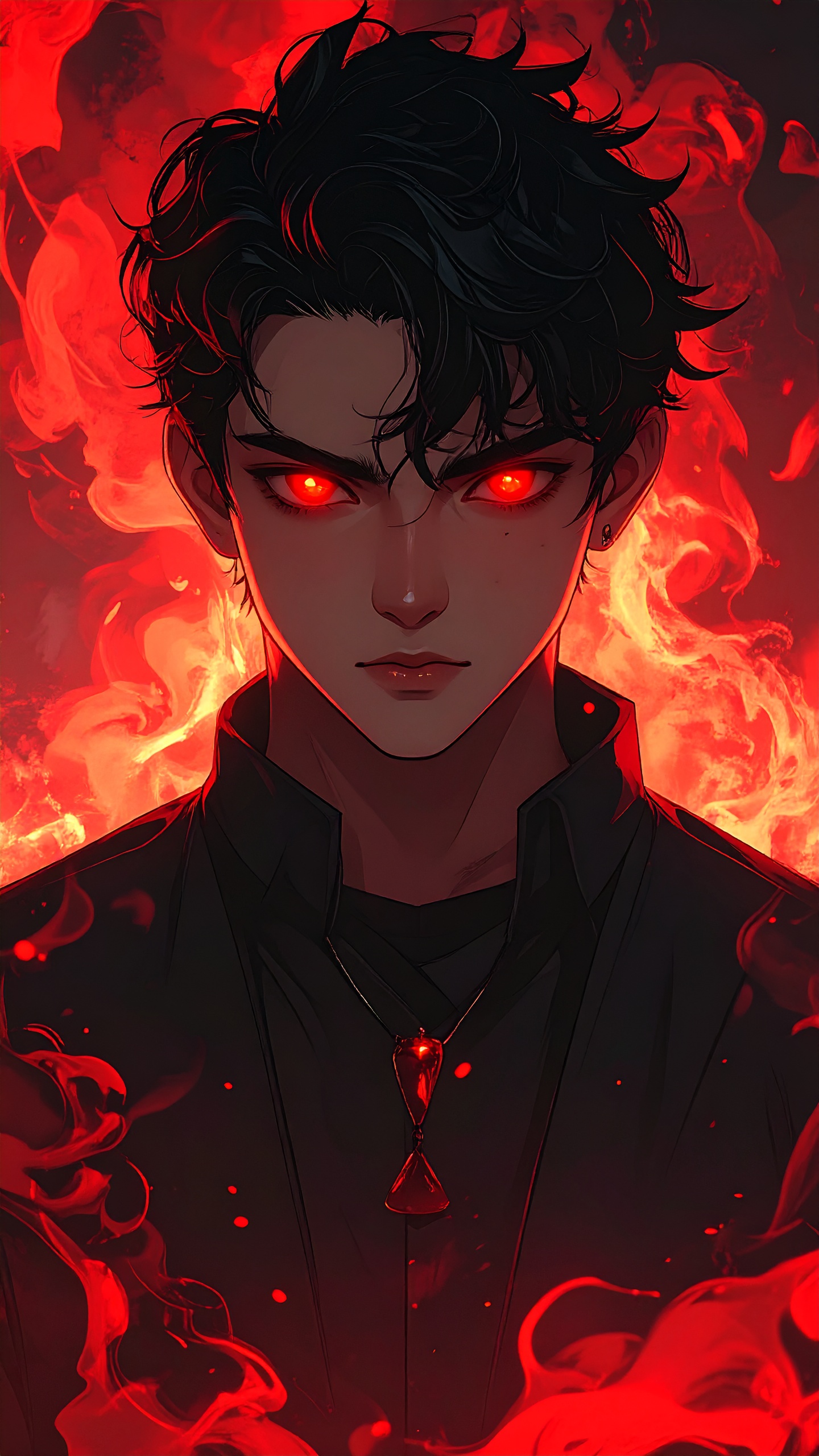 Anime Boy With Demon Aura Glowing Red Eyes Dark Smoke Energy Surrounding Him