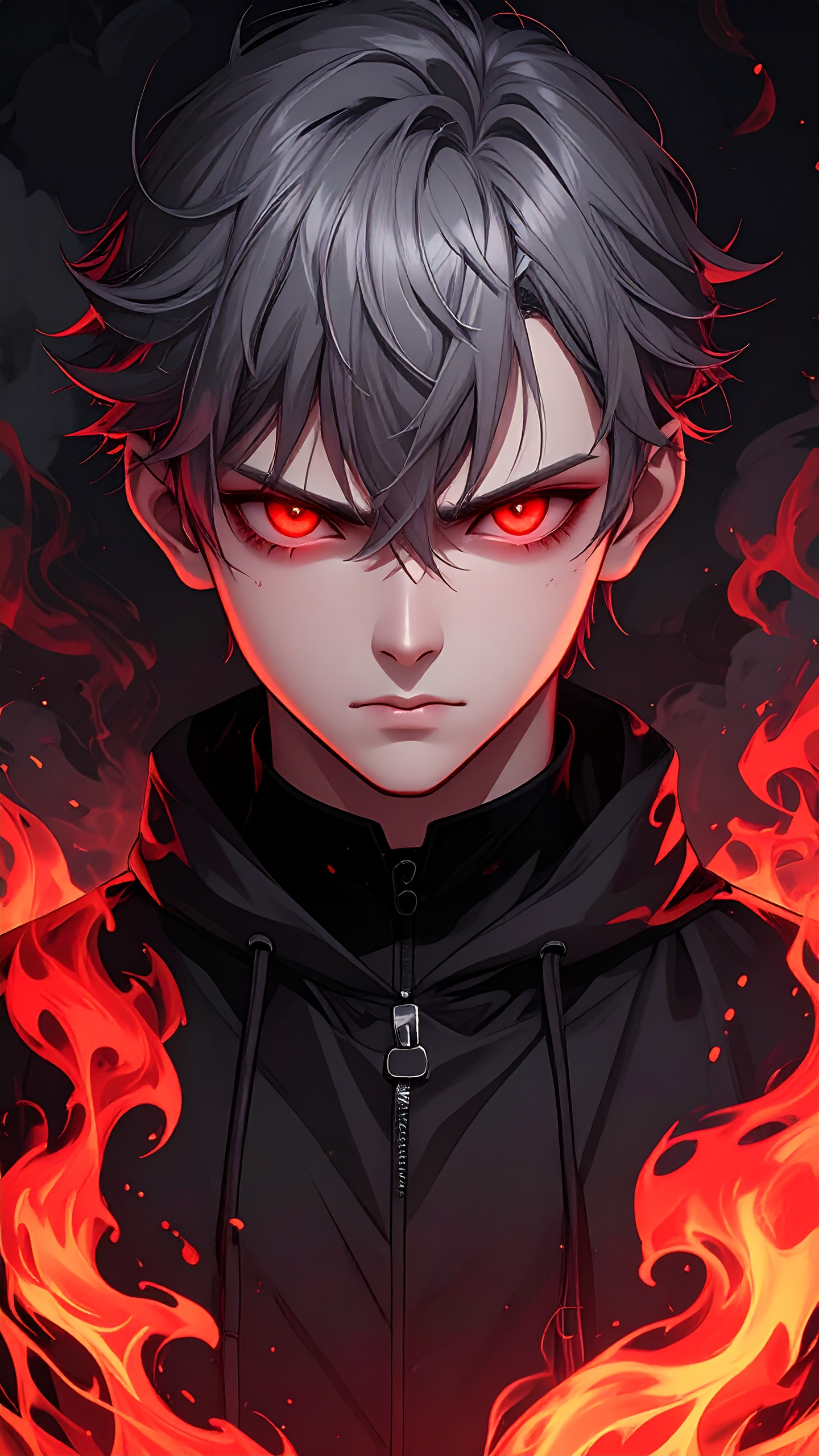 Anime Boy With Demon Aura Glowing Red Eyes Dark Smoke Energy Surrounding Him Black Outfit Dramatic Lighting