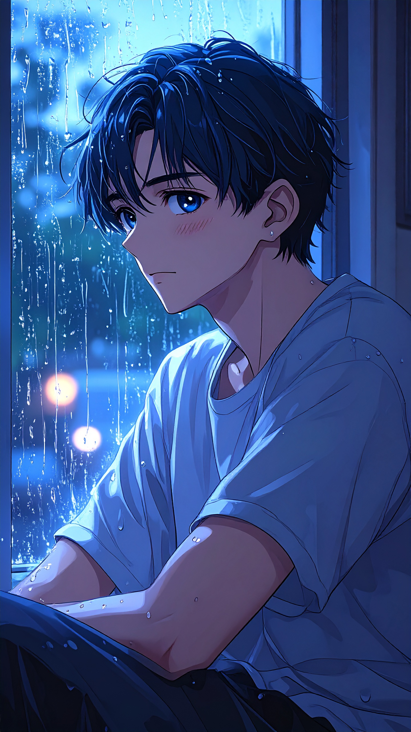 Anime Character Sitting by Window on a Rainy Day Raindrops on Glass Soft Blue Lighting