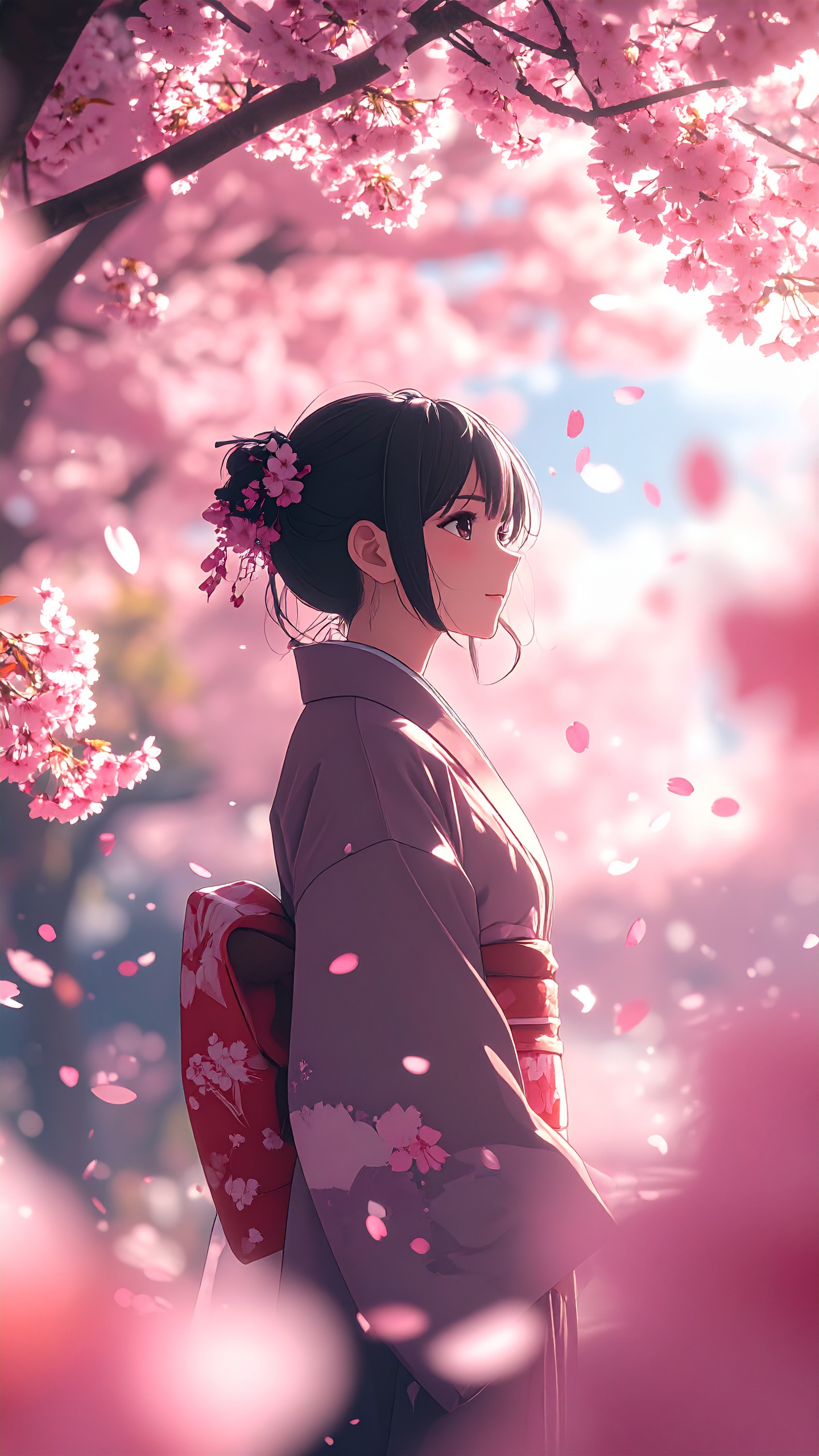 Anime Character Under Cherry Blossom Trees Petals Flying in The Wind Soft Sunlight Warm Tones Cinematic Composition Ultra Detailed Anime Style