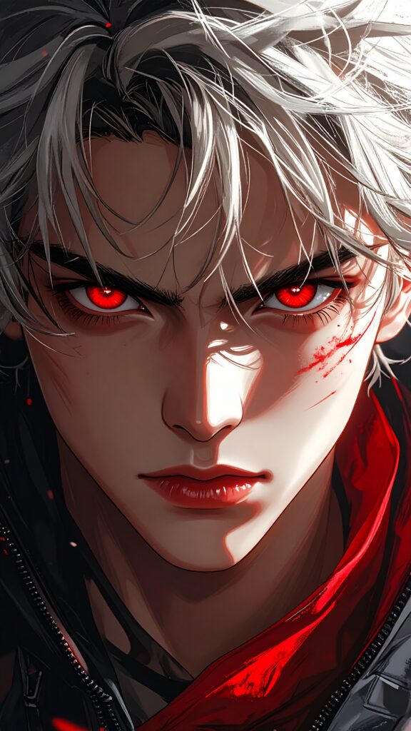 Anime Character With Intense Red Patterned Eyes Dramatic Close-up Shot Wind Blowing Hair Dark Moody Background Ultra Detailed Anime Art 2637 576x1024
