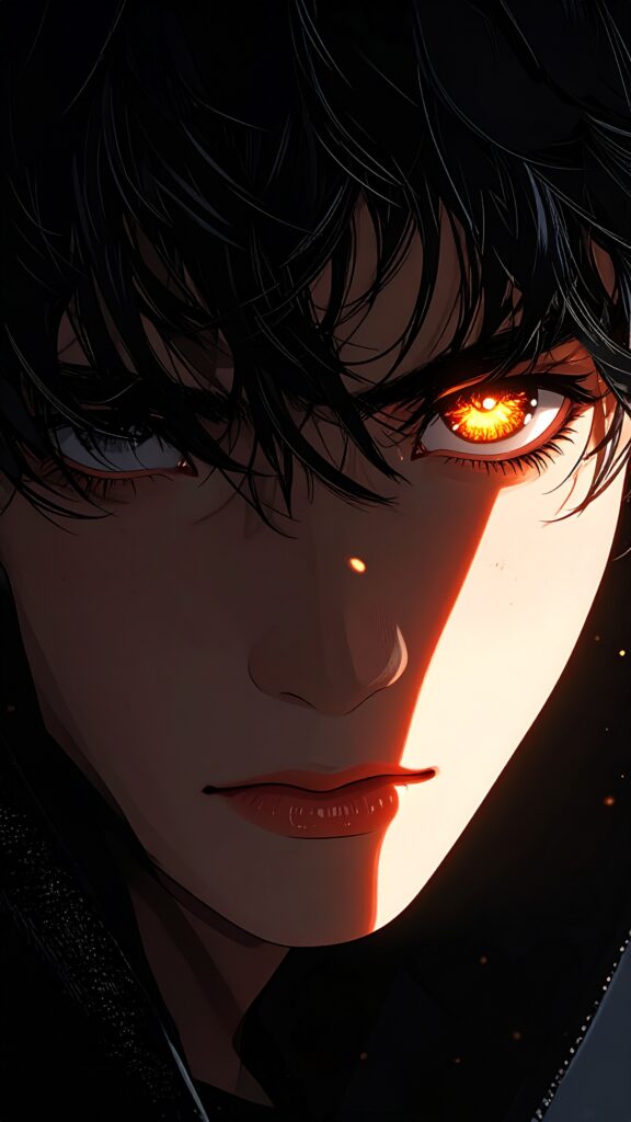 Anime Boy Face Half Covered in Shadow One Eye Glowing Brightly Mysterious Expression 2638 576x1024