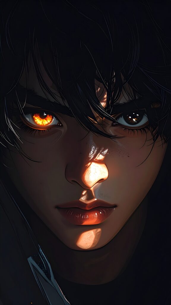 Anime Boy Face Half Covered in Shadow One Eye Glowing Brightly 2639 576x1024