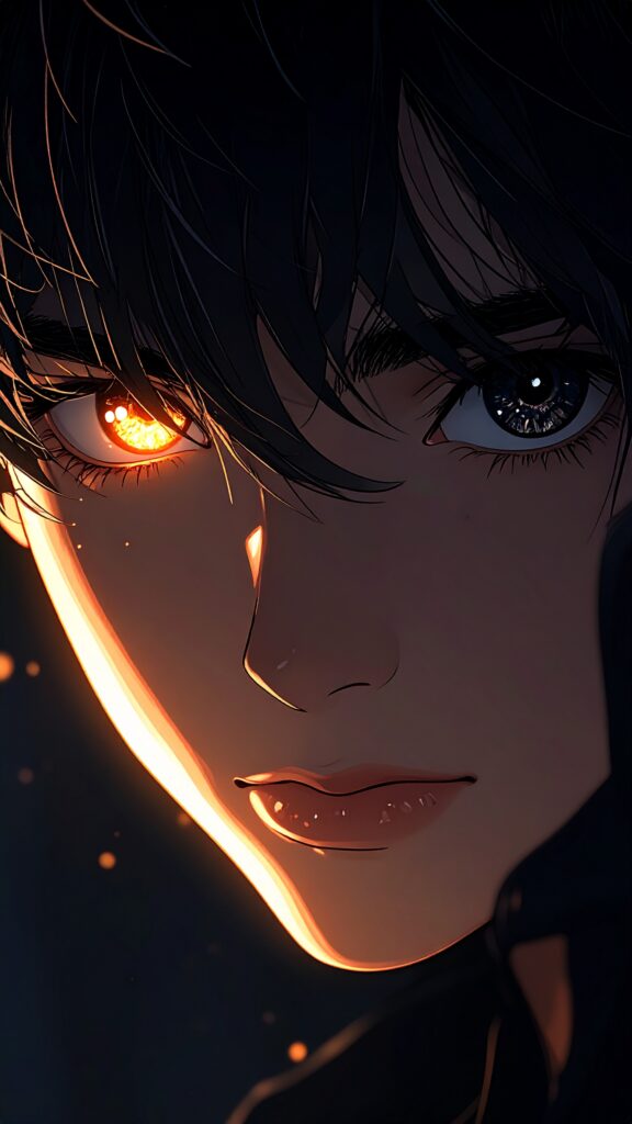 Anime Boy Face Half Covered in Shadow One Eye Glowing Brightly Mysterious Expression Dramatic Lighting Ultra Detailed Texture 2641 576x1024