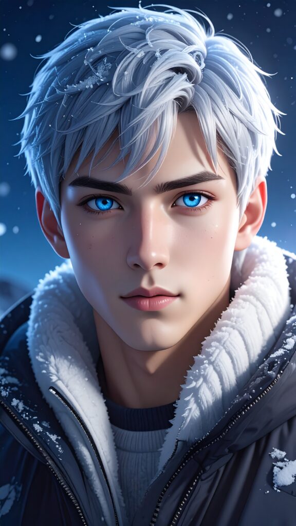 Anime Character With Icy Blue Eyes Cold Expression Frosty Breath in Air Winter Night Background 2643 576x1024