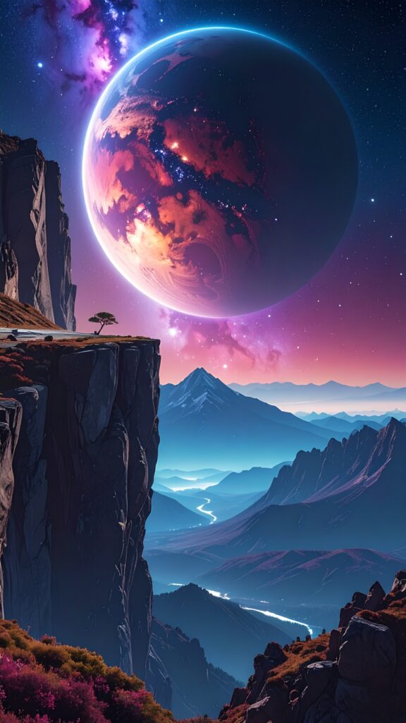 massive glowing planet in the sky above a lone mountain cliff, starry galaxy backgrou 349848