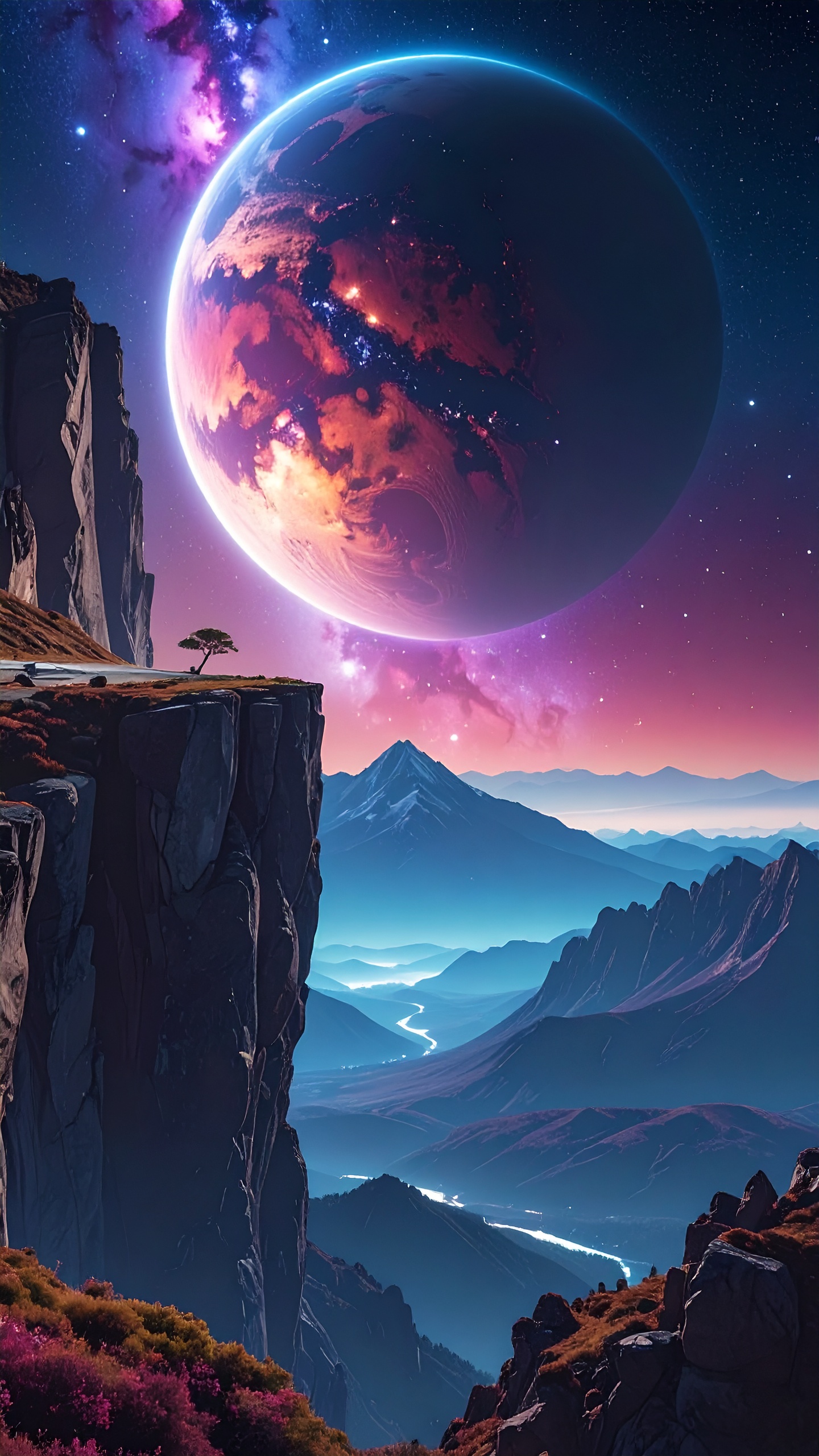 Massive Glowing Planet in The Sky Above a Lone Mountain Cliff Starry Galaxy Background