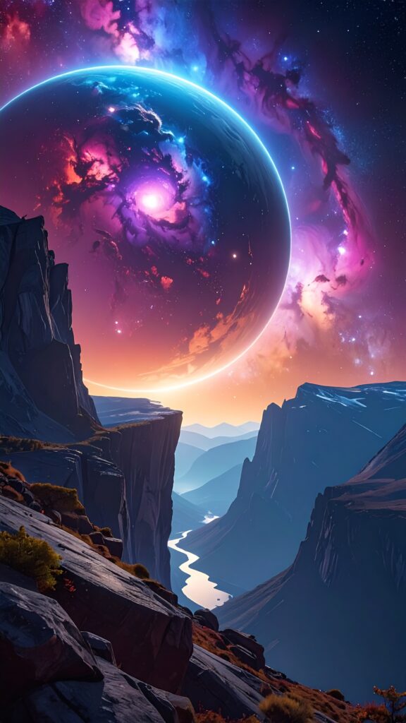 firefly massive glowing planet in the sky above a lone mountain cliff, starry galaxy backgrou 504239