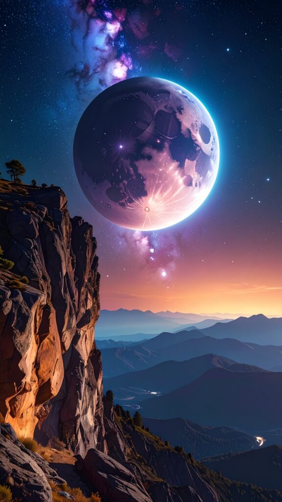 firefly massive glowing planet in the sky above a lone mountain cliff, starry galaxy backgrou 856153